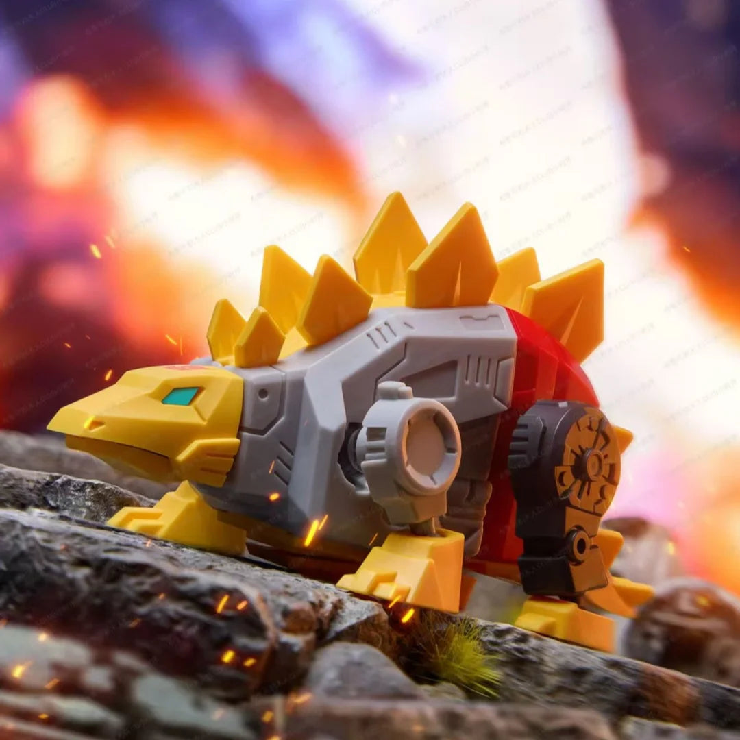 Transformers-Figur Snarl Blokees Flames — Grauer und gelber Stegosaurus in der Kampfzone