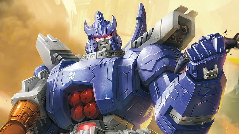 Galvatron bleu robot guerrier en posture dynamique, fond jaune lumineux, style illustration – Transformers.