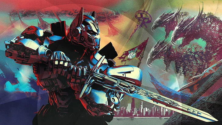 Optimus Prime debout en armure, tenant une épée, fond coloré avec dragon mécanique – Transformers.