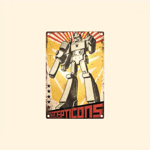 Plaque métal vintage Megatron en posture dominante, fond jaune rayonnant, style rétro – Transformers.