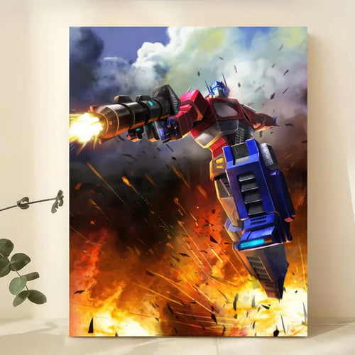 Tableau Optimus Prime en action, tirant avec un canon, fond explosif coloré – Transformers.
