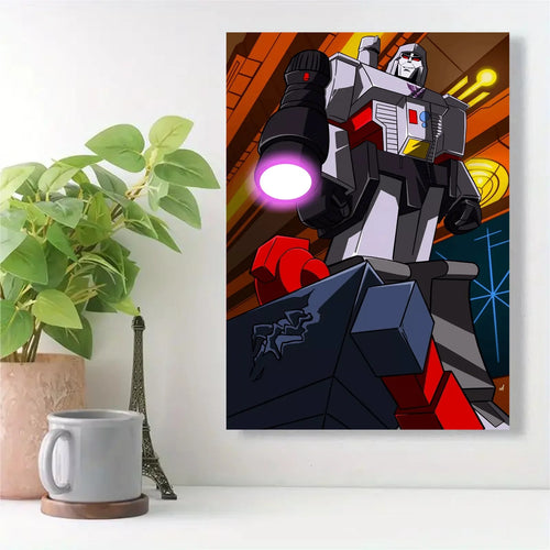 Affiche déco Megatron, robot gris et rouge en position dominante sur fond futuriste – Transformers.