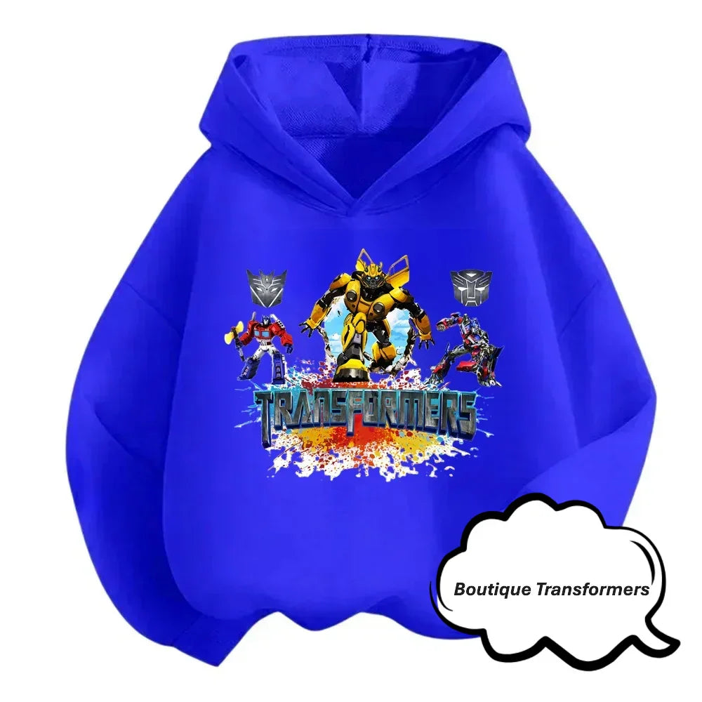 Sweat à capuche bleu enfant avec Bumblebee, Optimus Prime, robots et logo coloré – Transformers.