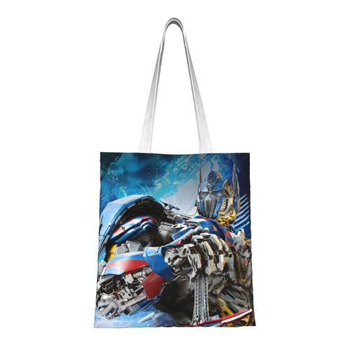Sac cabas avec illustration colorée d’un robot métallique bleu et rouge sur fond bleu – Transformers.