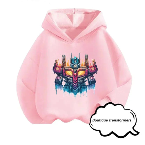 Sweat à capuche rose avec illustration Optimus Prime style néon, décor futuriste – Transformers.