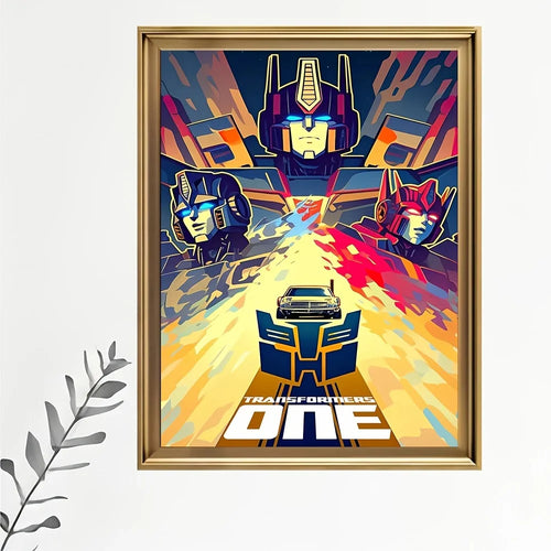 Affiche Transformers One avec robots stylisés et voiture sur fond coloré dynamique – Transformers.