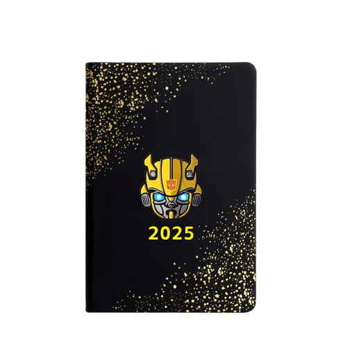 Agenda 2025 noir avec motif tête Bumblebee jaune, décor doré moderne – Transformers.