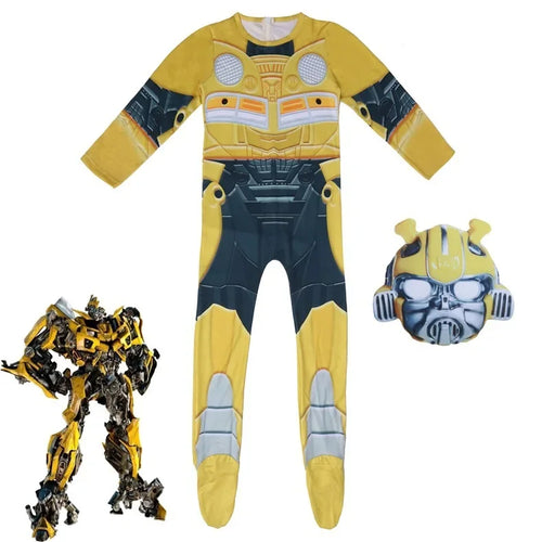 Pyjama enfant jaune motif Bumblebee, masque assorti et robot jaune en illustration – Transformers.