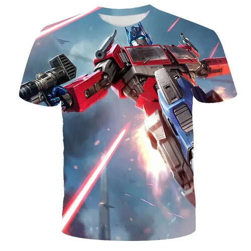 T-shirt imprimé Optimus Prime en action, couleurs vives et lasers en arrière-plan – Transformers.