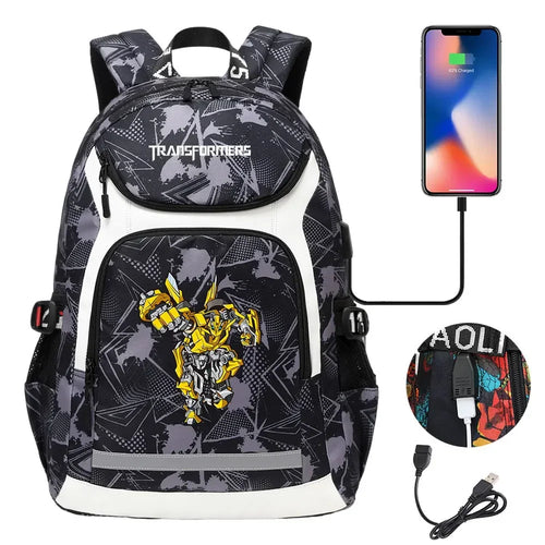 Sac à dos noir Transformers avec motif Bumblebee jaune, port USB, design graphique – Transformers.