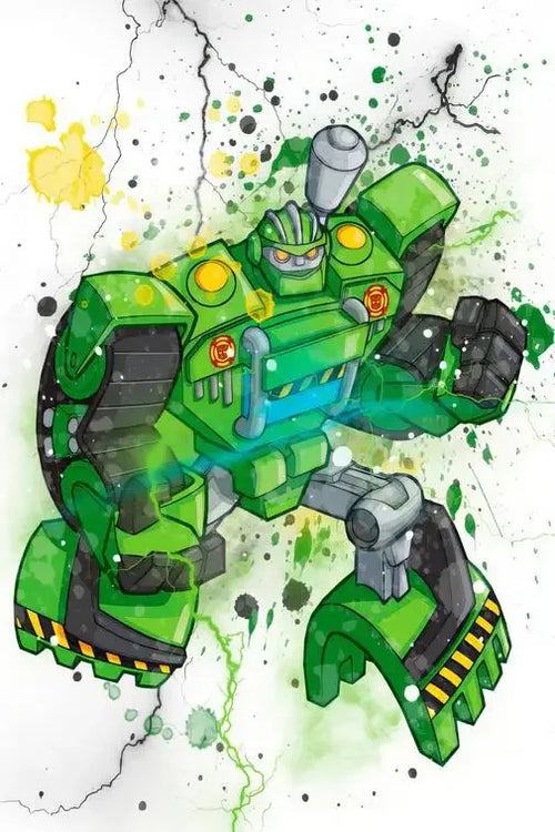 Robot vert stylisé debout, dessin dynamique avec éclaboussures de peinture et fond fissuré – Transformers.