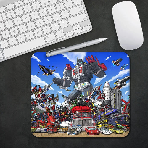 Tapis de souris Transformers avec robot géant, véhicules colorés et décor futuriste animé – Transformers.