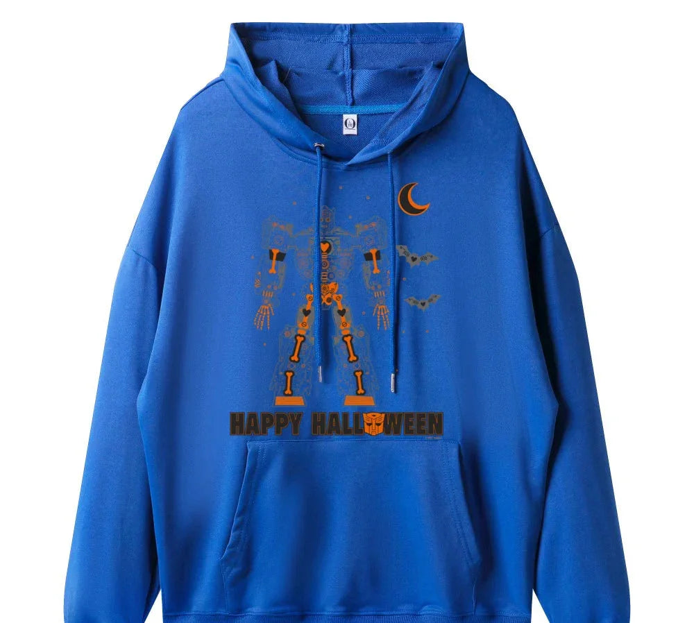 Sweat à capuche bleu avec robot orange, chauves-souris, croissant de lune et texte Happy Halloween – Transformers.