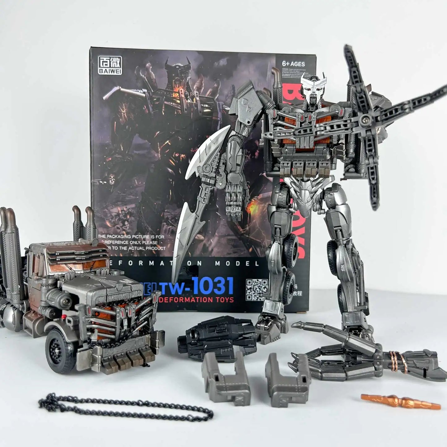 Transformers-Figur Scourge im Bestienmodus TW1031 — Verchromter Vierbeiner mit vollständigem Zubehör