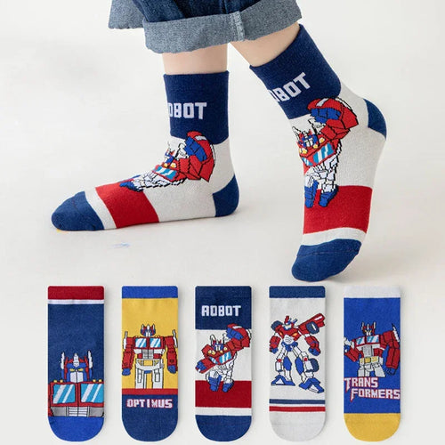 Chaussettes colorées Optimus Prime, style cartoon, motifs robot rouge et bleu sur fond blanc – Transformers.