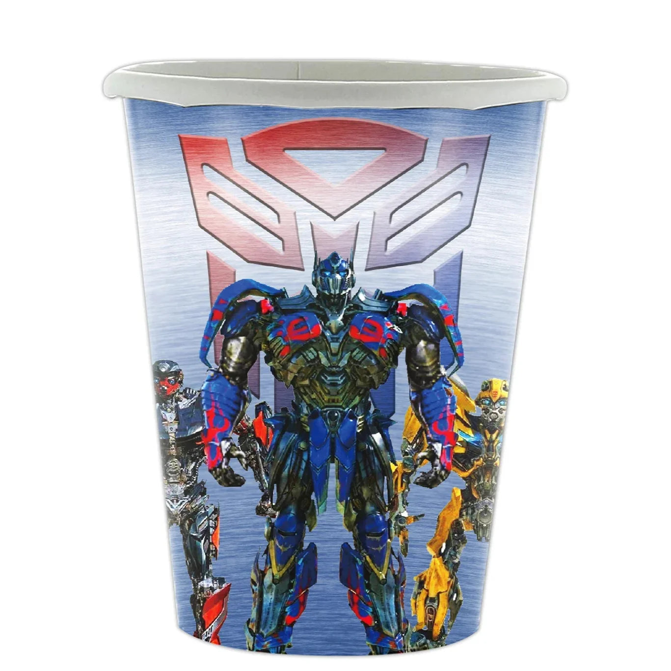 Gobelet en plastique décoré de robots colorés et du logo rouge sur fond métallique – Transformers.