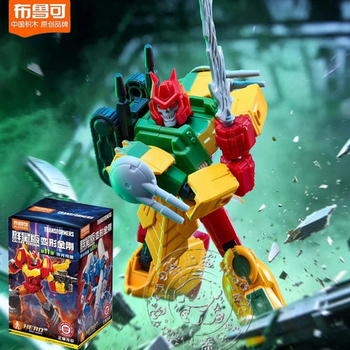 Transformers-Figur grüner und gelber Roboter mit gehörntem Helm – Blokees gehörnte Wache