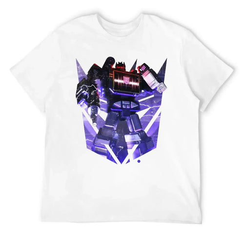 T-shirt blanc avec robot Soundwave, posture dynamique, motifs violets éclairs – Transformers.