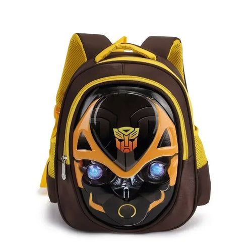 Sac à dos enfant jaune et marron à l’effigie de Bumblebee au visage robot, style 3D – Transformers.