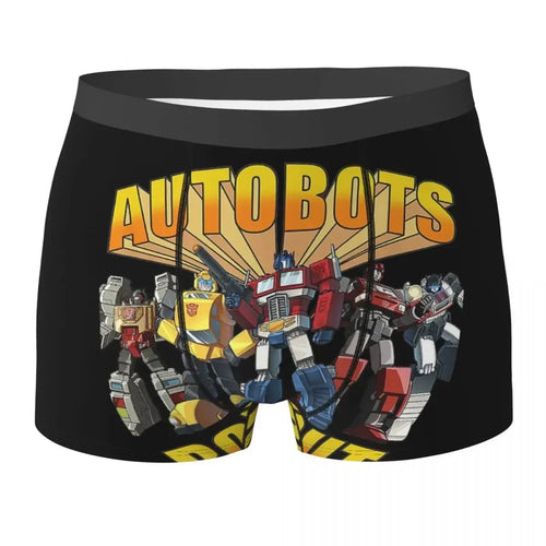 Boxer noir avec Optimus Prime et Autobots colorés, motif rétro jaune et logo iconique – Transformers.