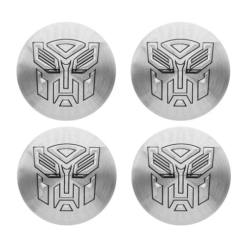 Lot de 4 enjoliveurs argentés avec logo Autobot en métal brossé, design moderne – Transformers.