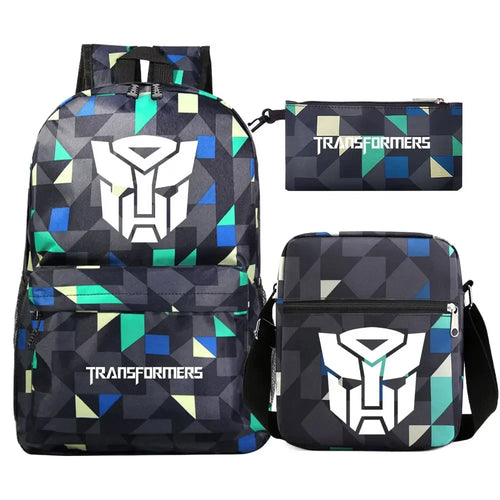 Ensemble sac à dos, sac bandoulière et trousse motif géométrique noir bleu logo Autobots – Transformers.