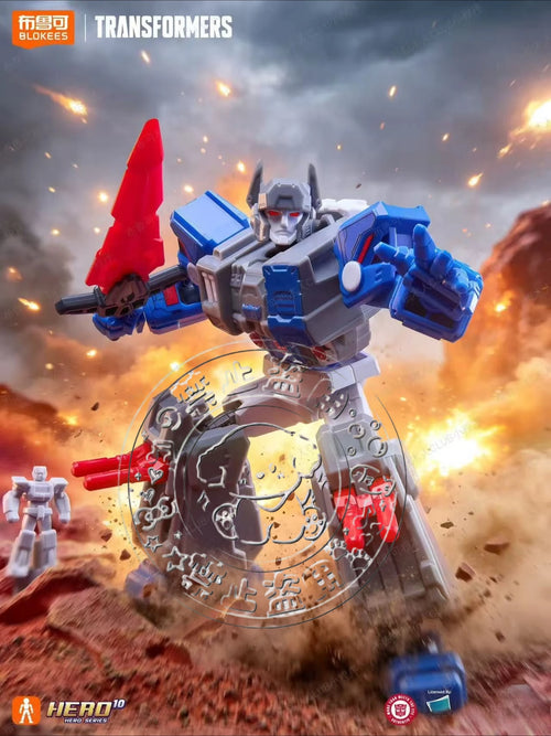 Transformers-Figur eines graublauen Roboters mit scharlachroter Klinge – Bewaffneter Decepticon von Blokees