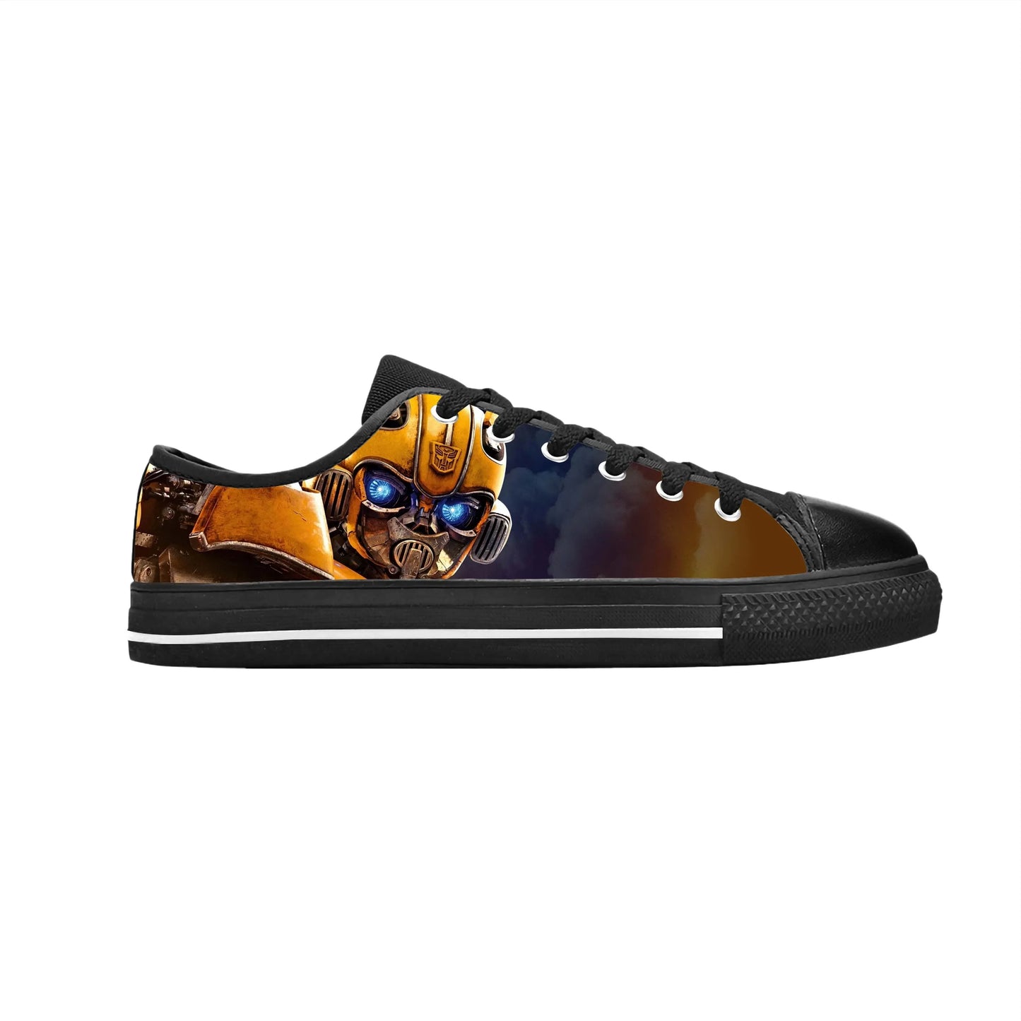 Baskets noires à lacets avec design Bumblebee jaune, fond fumé, style urbain – Transformers.