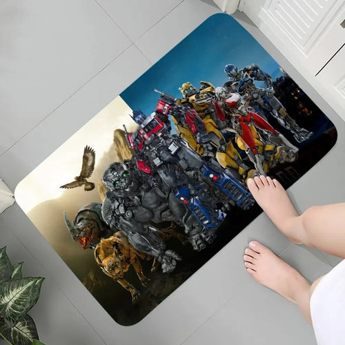 Tapis de bain Transformers avec Optimus Prime, Bumblebee, robots et animaux sur fond bicolore – Transformers.