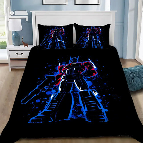 Parure de lit noire avec dessin stylisé d’Optimus Prime debout, fond bleu et rouge – Transformers.