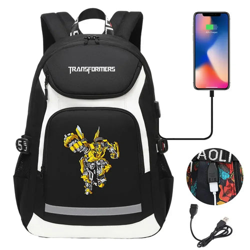 Sac à dos noir et blanc avec motif robot jaune, port USB et câble, style urbain – Transformers.
