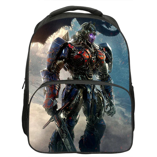 Sac à dos avec robot armé, couleurs vives, arrière-plan nuageux, style sci-fi – Transformers.