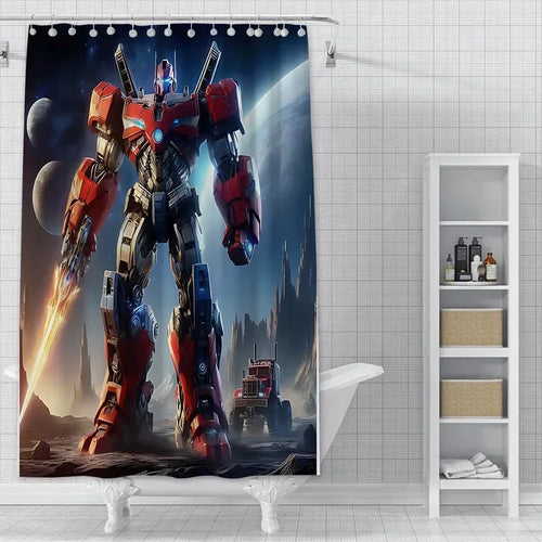 Rideau de douche robot rouge Optimus Prime, décor galaxie et camion, style futuriste – Transformers.