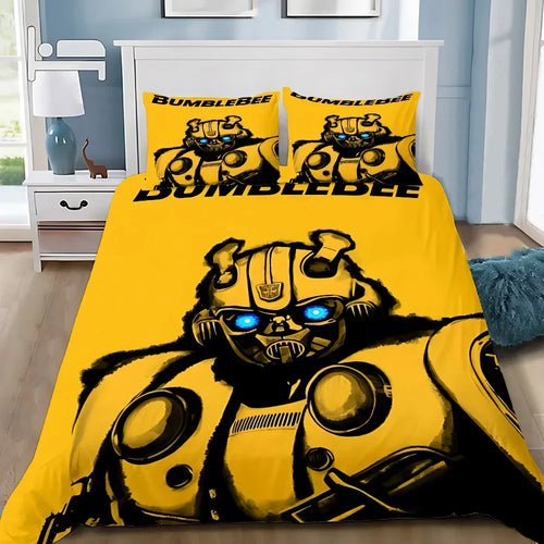 Parure de lit jaune avec motif Bumblebee robot, yeux bleus lumineux, style moderne – Transformers.
