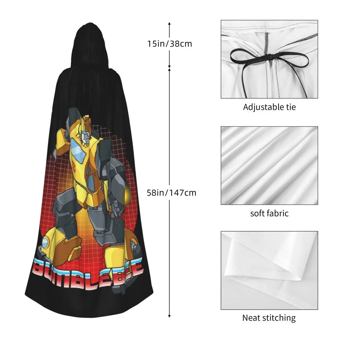 Transformers-Cape Bumblebee — Langes Cosplay-Halloween-Cape mit Kapuze