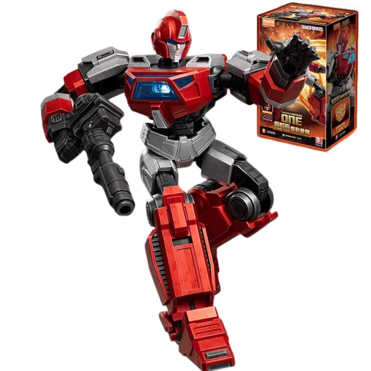 Transformers-Figur Ironhide Origin ONE — Roter und grauer beweglicher Roboter im Brick-Format, mit Verpackung