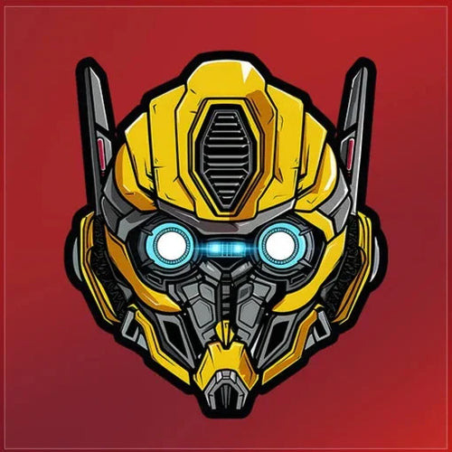 Masque robot jaune et gris, yeux lumineux bleus, fond rouge, style dessin animé – Transformers.