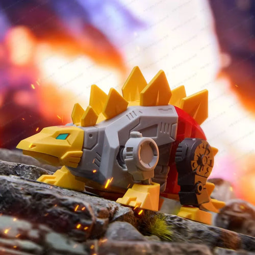 Transformers-Figur Snarl Blokees Flames — Grauer und gelber Stegosaurus in der Kampfzone