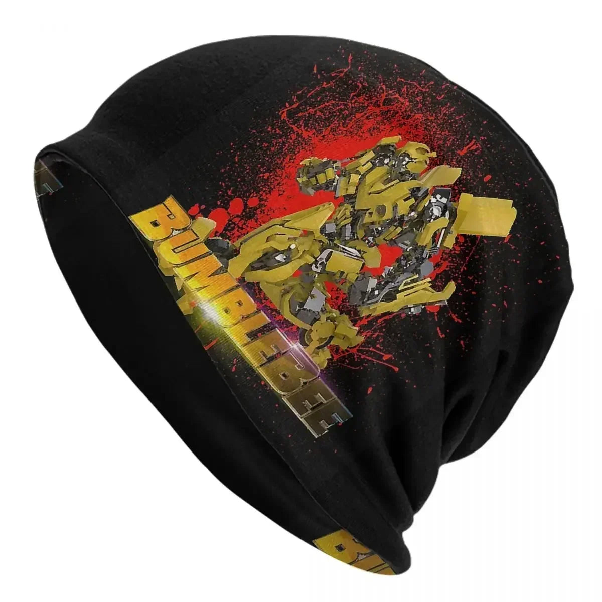 Bonnet noir avec illustration de Bumblebee jaune, éclaboussures rouges, style moderne – Transformers.