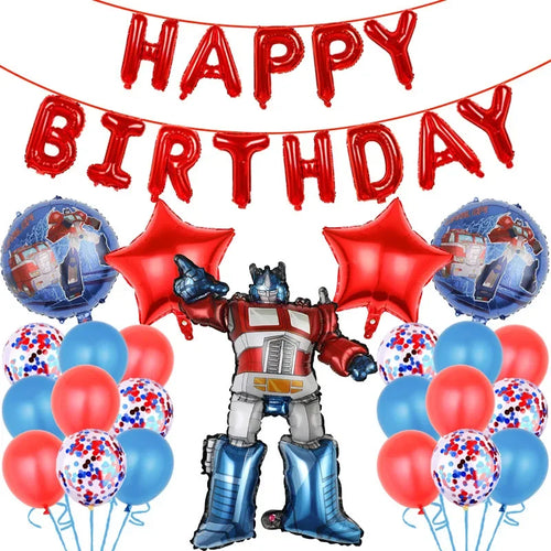 Décoration anniversaire avec ballons Optimus Prime, étoiles rouges, ballons bleus et rouges – Transformers.