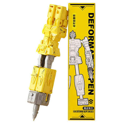 Stylo robot transformable jaune et gris en forme de bras, boîte jaune illustrée – Transformers.