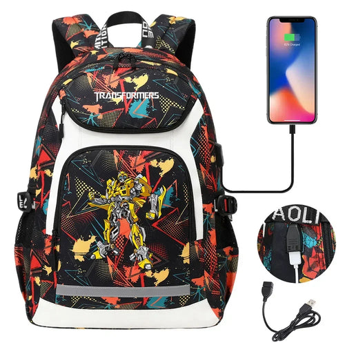 Sac à dos coloré avec motif Bumblebee, port USB, fond noir et détails jaunes – Transformers.