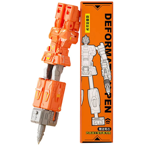 Stylo robot orange et gris en forme de foreuse avec boîte illustrée, design mécanique – Transformers.