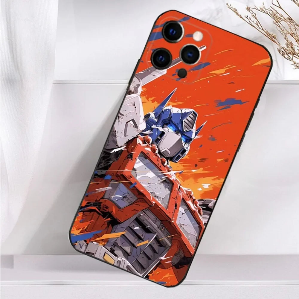 Coque téléphone Optimus Prime, illustration dynamique, fond orange vif – Transformers.