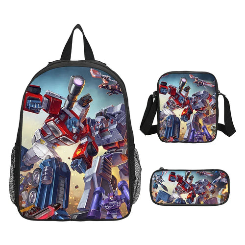 Set sac à dos, sac bandoulière et trousse avec Optimus Prime en action, décor explosif – Transformers.