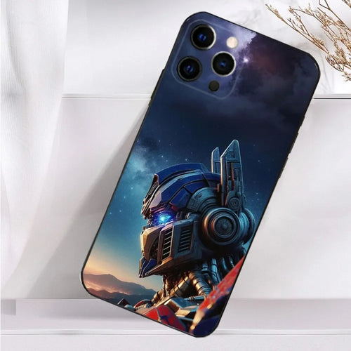 Coque de téléphone avec illustration d’Optimus Prime, ciel étoilé en fond, tons bleus – Transformers.