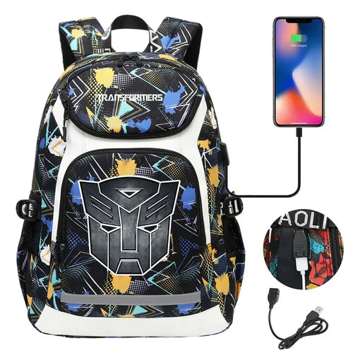Sac à dos Transformers noir à motif coloré, logo Autobot, port USB, accessoires inclus – Transformers.