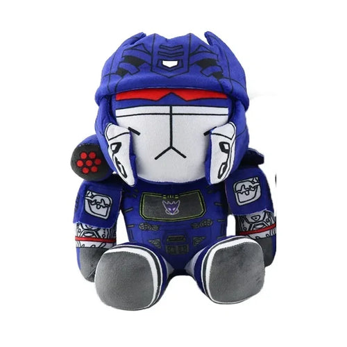 Peluche robot bleu assis, détails rouges et gris, visage stylisé, style cartoon – Transformers.