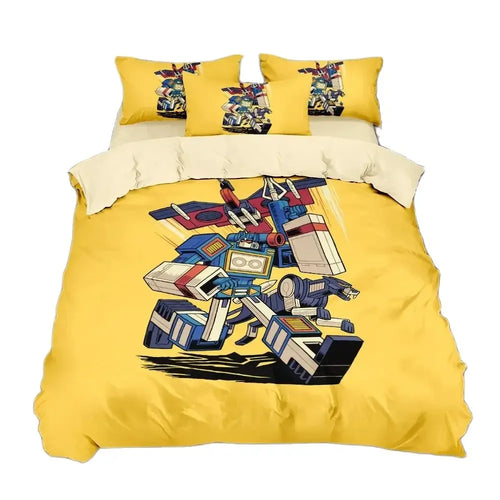 Parure de lit jaune avec robot Transformers stylisé, motif coloré sur housse et oreillers – Transformers.