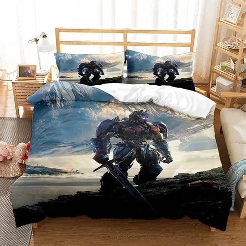 Parure de lit avec robot guerrier debout sur fond de ciel nuageux, épée à la main – Transformers.